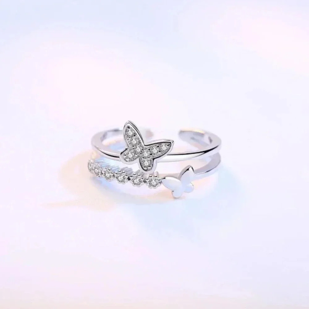 925 Sterling Silver Dainty Crystal Butterfly Ring